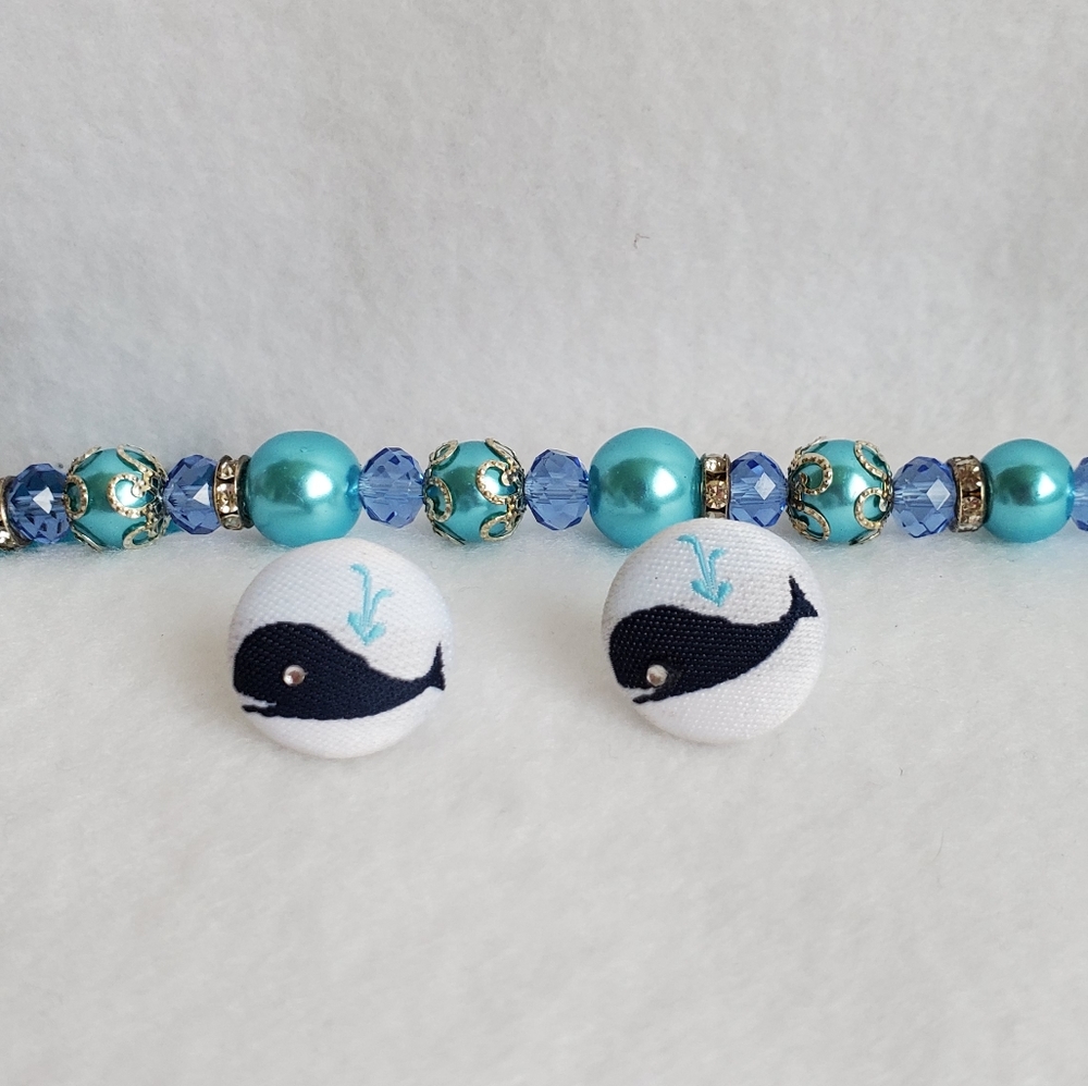 Womens fabric white & blue whale post earrings